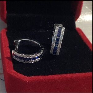 Blue Sapphire Hoop Earrings CZ Double Row Halo Huggie  Earrings